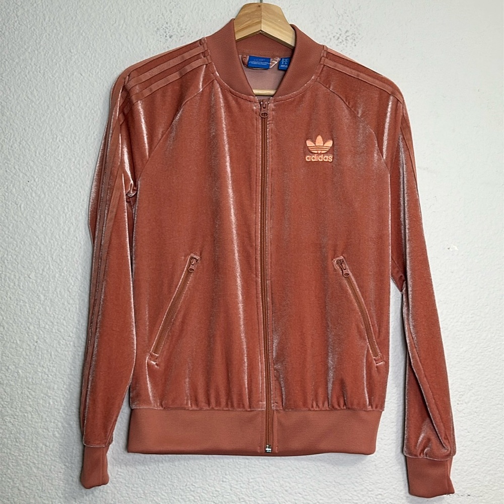 Adidas Women’s Size XSmall Pink Velour Track Jacket Full Zip Pockets